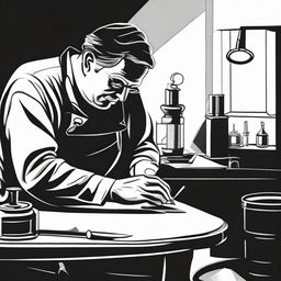 A goldsmith at work in a simplistic, high contrast, vector style line art, portrayed in black and white.