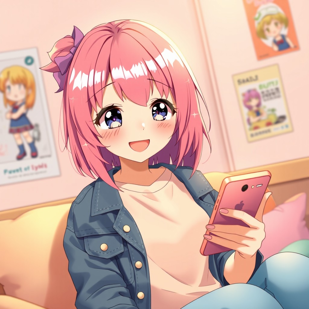 A cute anime girl with vibrant pink hair, sitting in a cozy room, looking at her smartphone with a joyful expression