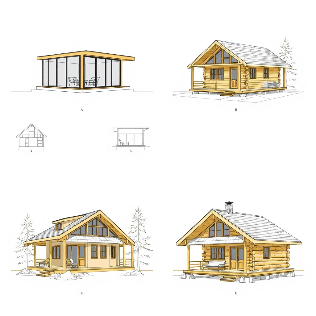 A technical drawing showcasing four distinct designs of a cabin