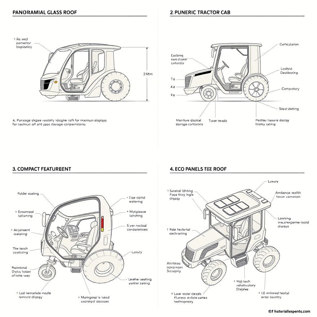 A technical blueprint featuring four different designs of a futuristic tractor cab