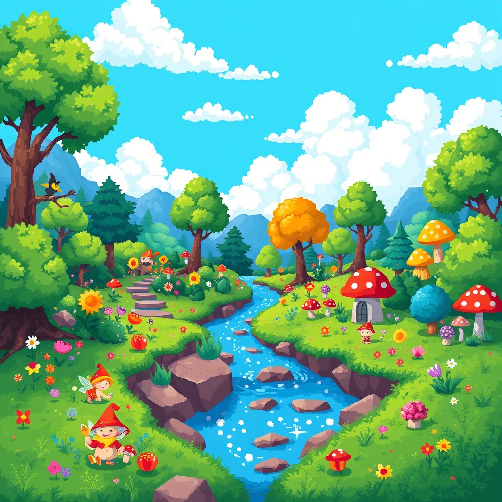 A vibrant and colorful pixel art scene depicting a fantasy landscape