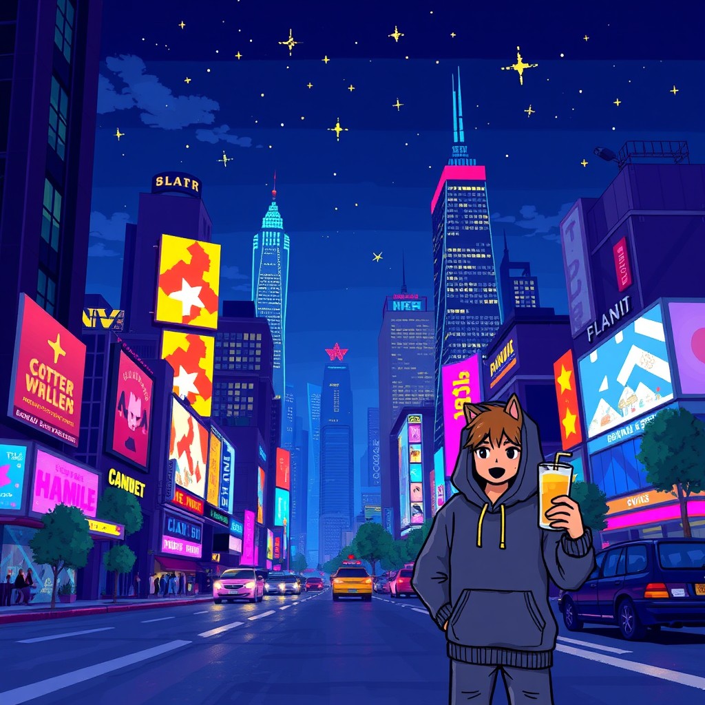 A vibrant pixel art scene depicting a bustling cityscape at night, with colorful neon lights illuminating the streets