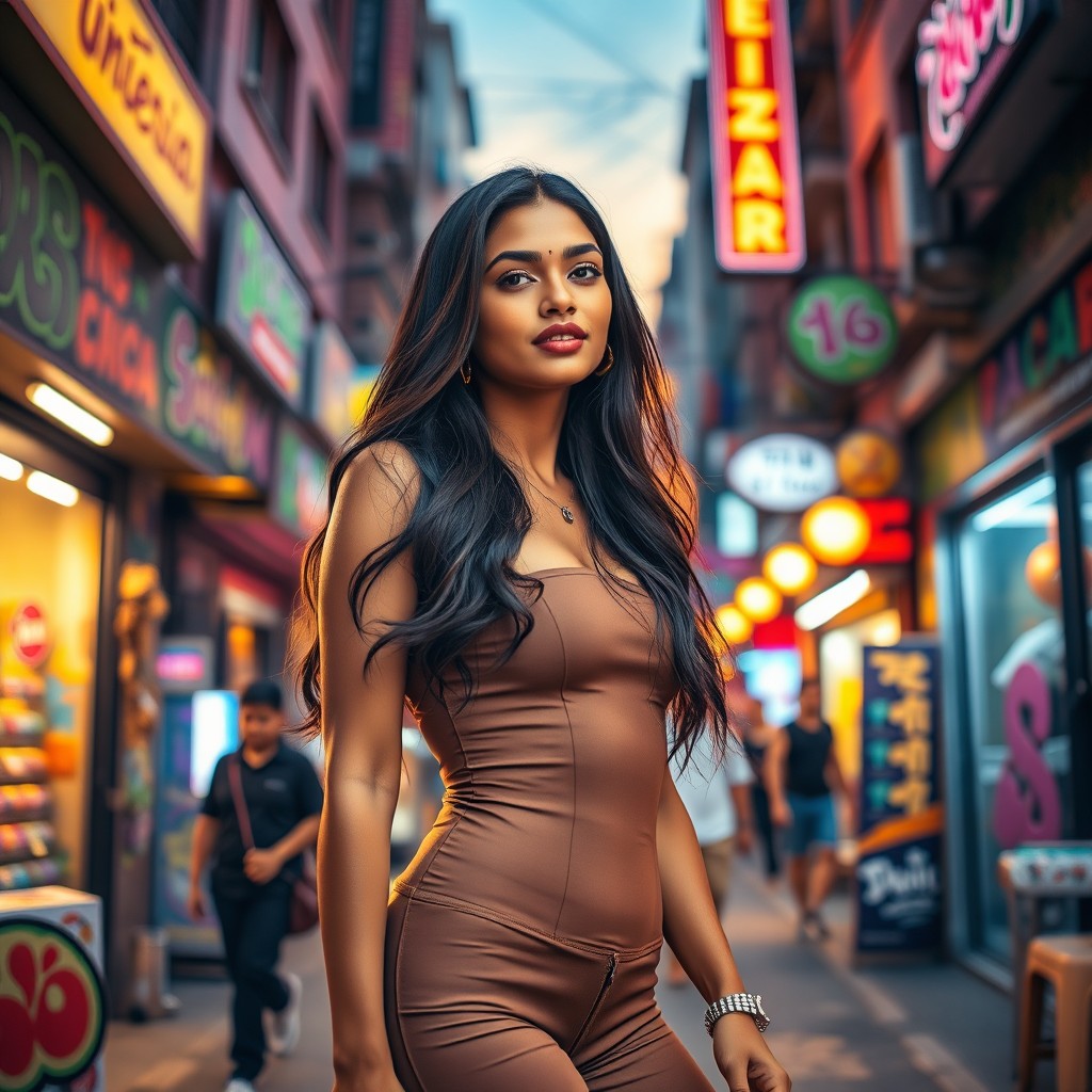 A stunning Indian woman exuding confidence, standing on a vibrant city street adorned with colorful graffiti