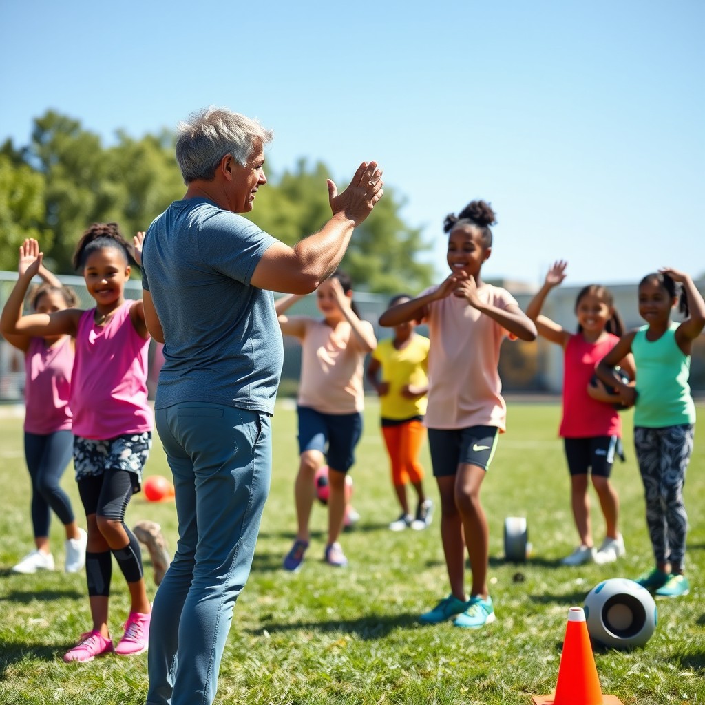 A vibrant and engaging scene of a physical education teacher leading a diverse group of enthusiastic students in a warm-up exercise outside on a sunny day