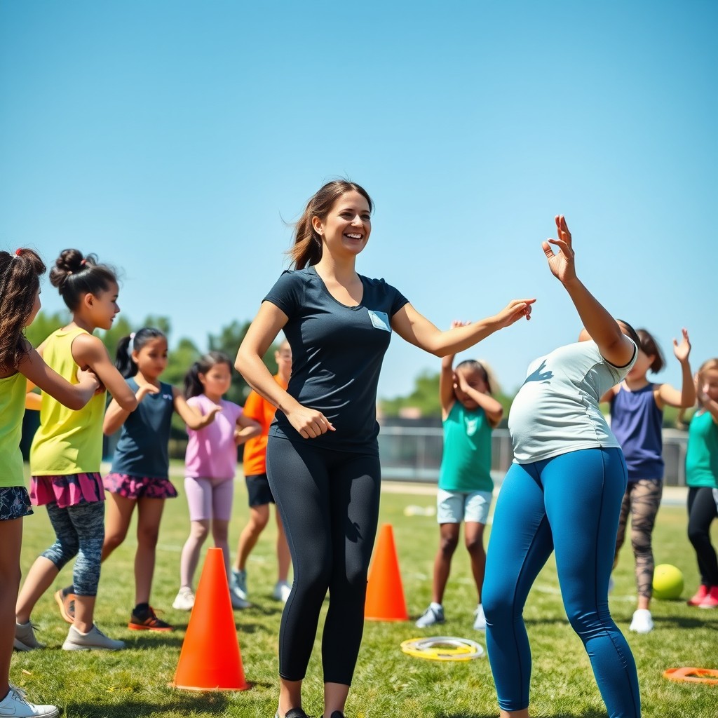 A vibrant and engaging scene of a female physical education teacher enthusiastically guiding a diverse group of students in a warm-up exercise during a sunny day