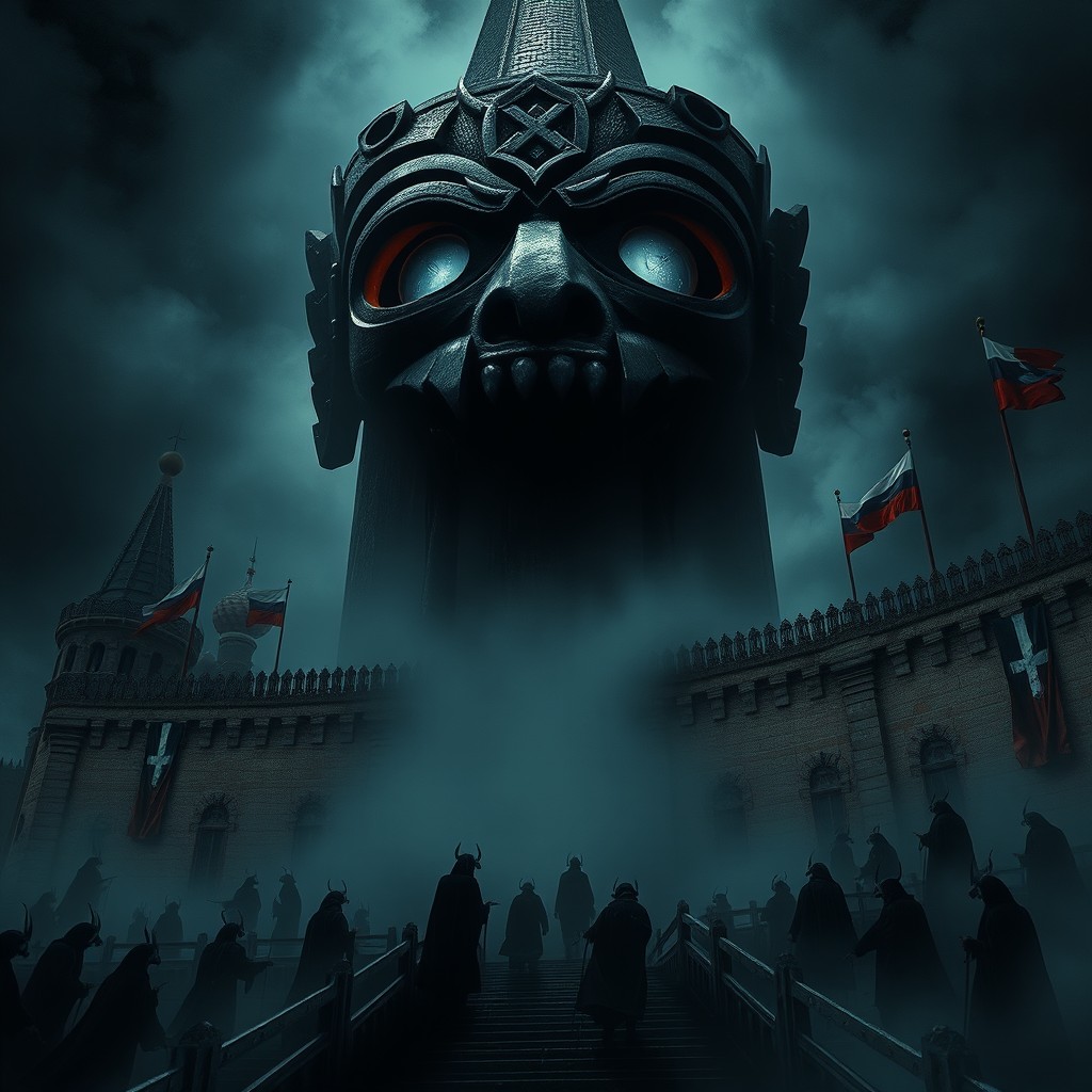 A dark thriller book cover depicting a nighttime view of the Spasskaya Tower of the Moscow Kremlin submerged in fog