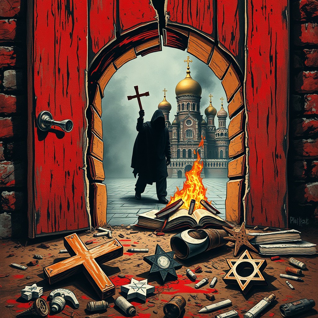 A book cover titled 'Враг у ворот Кремля: как борцы с сектами разрушают Россию изнутри' depicting a close-up of an ancient door in the Kremlin wall, split in two