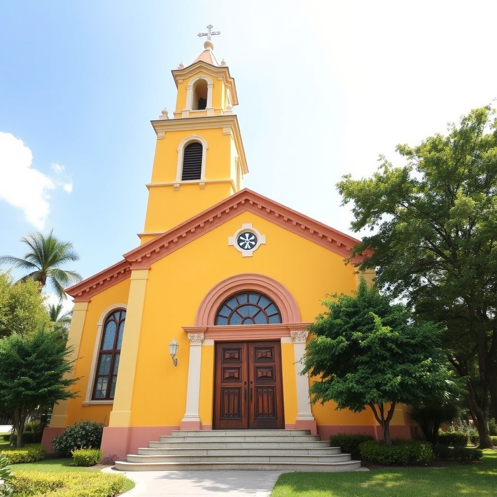 A beautiful Catholic church featuring a charming chapel, designed with vibrant yellow primary colors
