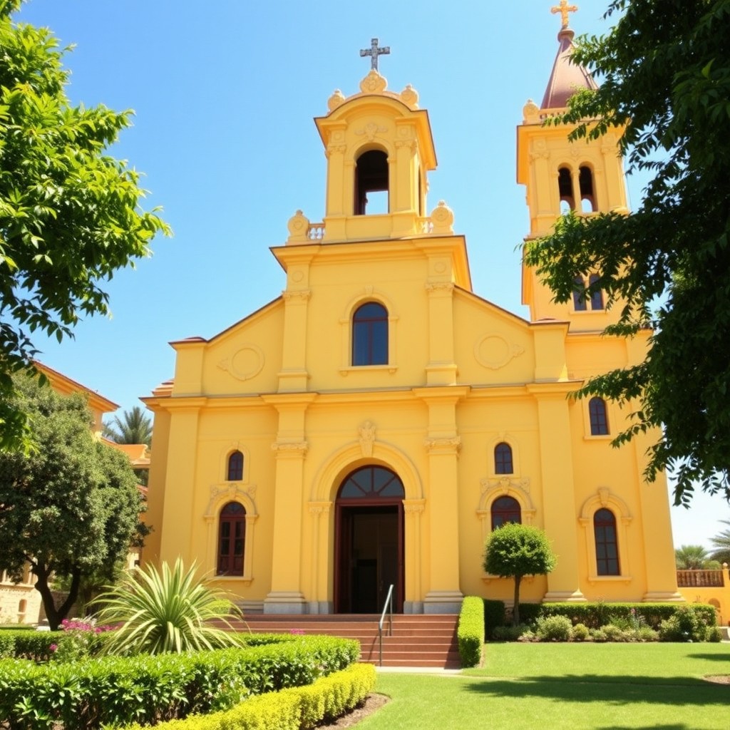A beautiful Catholic church featuring a chapel, designed predominantly in vibrant yellow primary colors