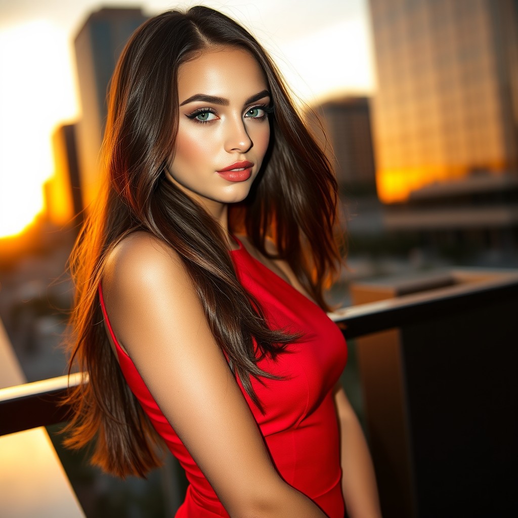 A stunning young woman with long flowing brunette hair, wearing a stylish red dress that hugs her curves