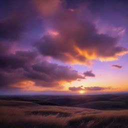 A breathtaking, high-resolution 8K image of a beautiful sunset, with mellow orange and purple hues spread across the sky.