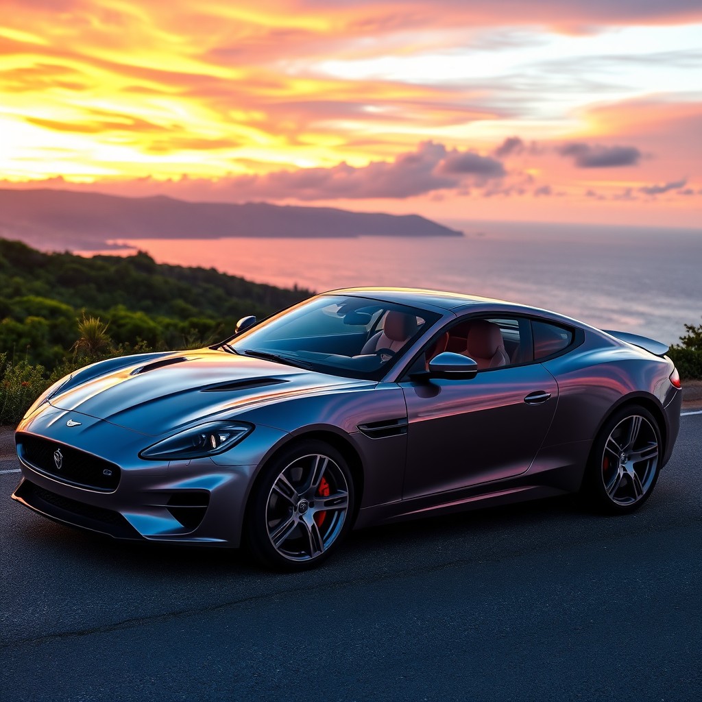 An elegant yet sporty car, showcasing sleek aerodynamic lines and a polished finish, parked on a scenic coastal road during sunset