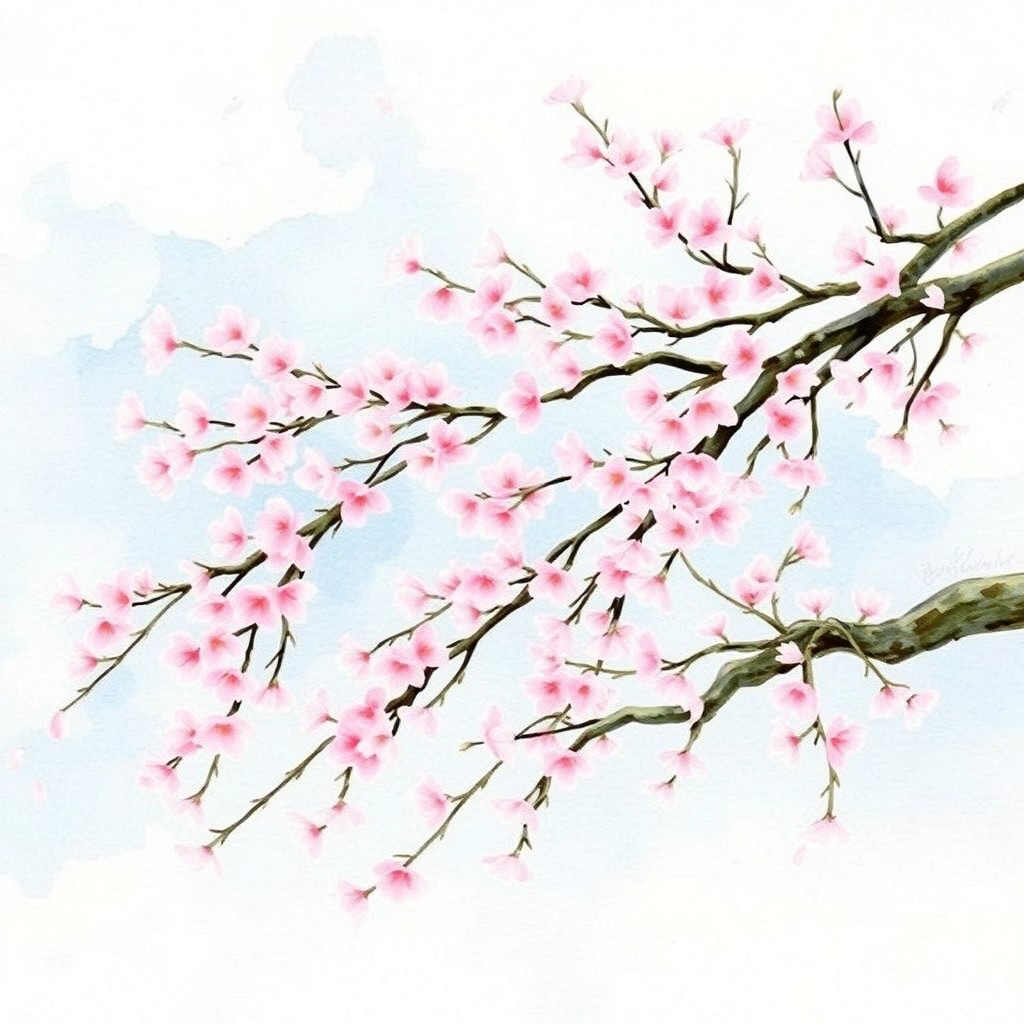 A serene watercolor painting of a cherry blossom tree in full bloom