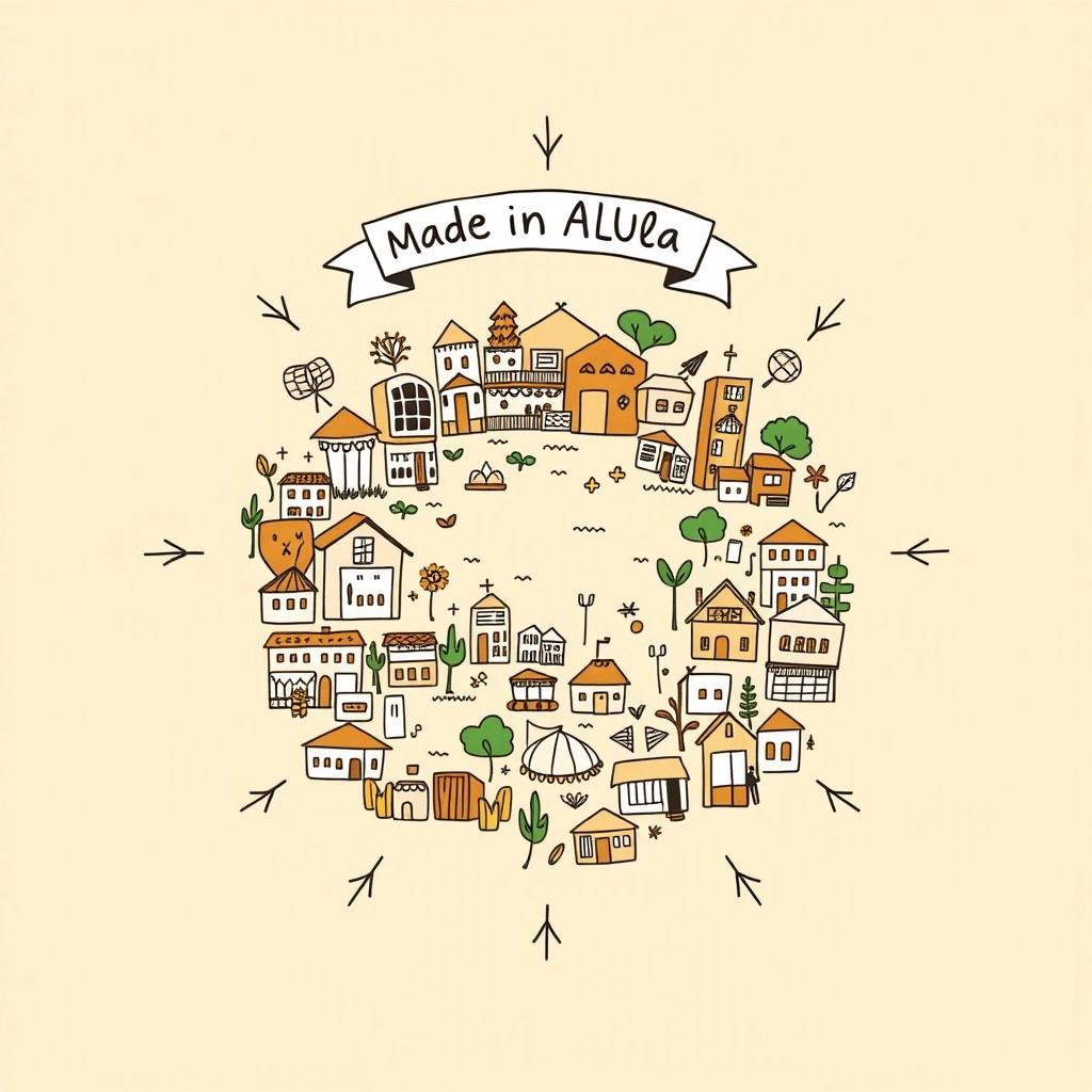 A professional doodle-style illustration for a corporate presentation showcasing a thriving AlUla community scene