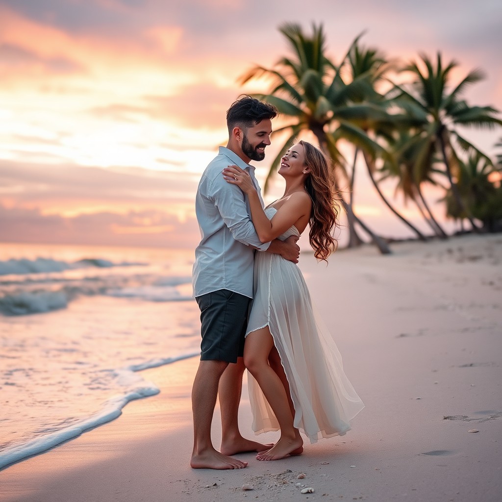 A romantic couple at the beach during sunset, showcasing a deep connection and affection