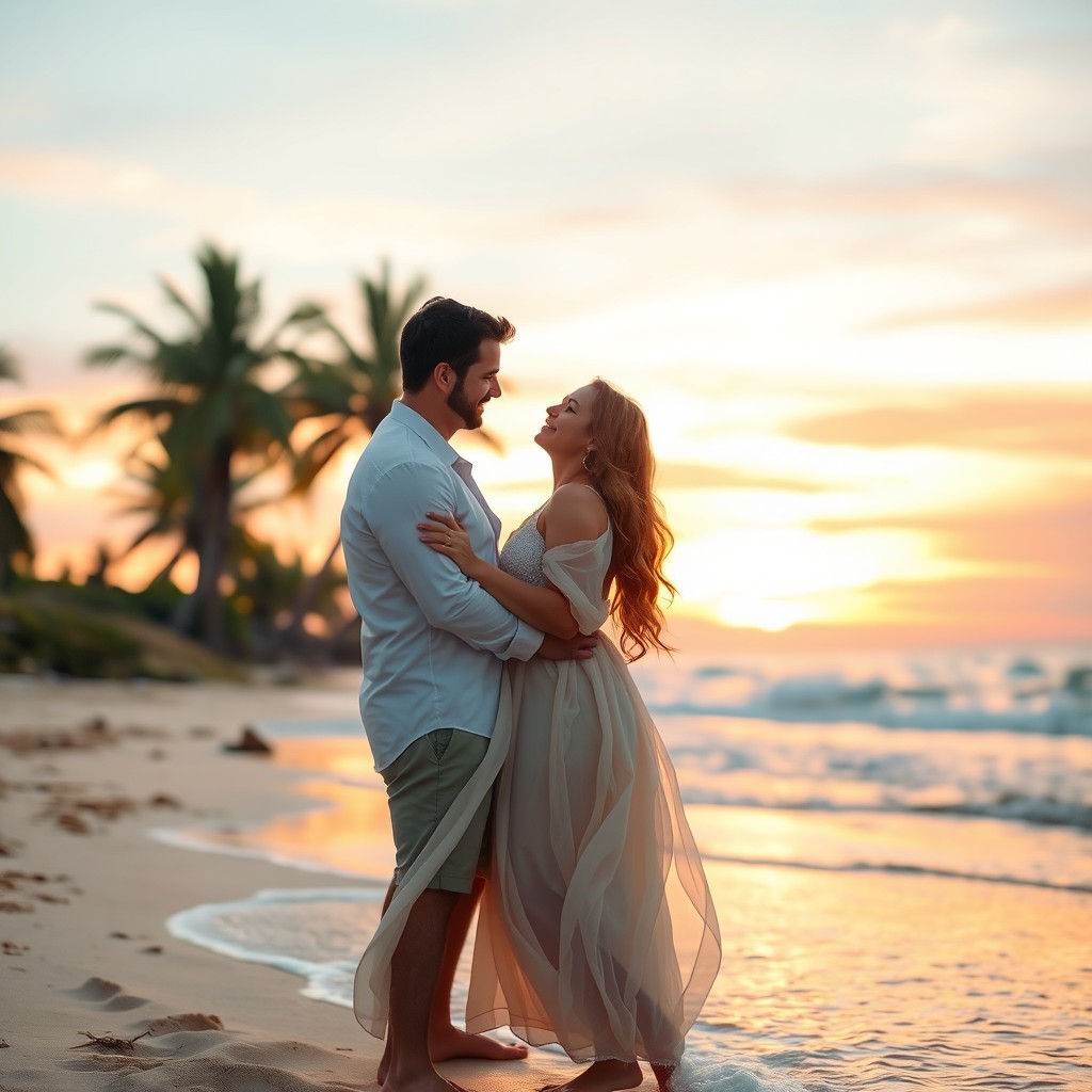 A romantic couple at the beach during sunset, surrounded by soft pastel colors in the sky with shades of pink, orange, and violet