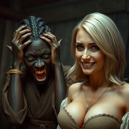 In a medieval brothel room, a 19-year-old Black African woman appears malnourished and desperate, clutching her head with her hands in distress