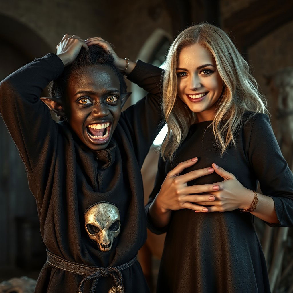 Inside a medieval noble room, next to a cow, stands a young African woman, 19 years old, with dark black skin, looking desperately as she holds her hands on her head