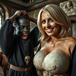 Inside a medieval noble room, next to a cow, stands a young African woman, 19 years old, with dark black skin, looking desperately as she holds her hands on her head