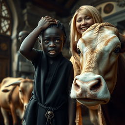 Inside a medieval noble room, next to a cow, stands a young African woman, 19 years old, with dark black skin, looking desperately as she holds her hands on her head