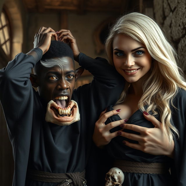 Inside a medieval noble room, next to a cow, stands a young African woman, 19 years old, with dark black skin, looking desperately as she holds her hands on her head