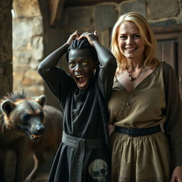 Inside a medieval noble room, next to a hyena, stands a young African woman, 19 years old, with dark black skin, looking desperately as she holds her hands on her head