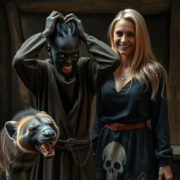 Inside a medieval noble room, next to a hyena, stands a young African woman, 19 years old, with dark black skin, looking desperately as she holds her hands on her head