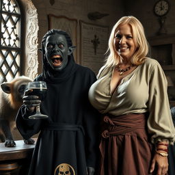 Inside a medieval noble room, next to a hyena, stands a young African woman, 19 years old, with deeply black skin, appearing drunk as she holds a goblet of wine