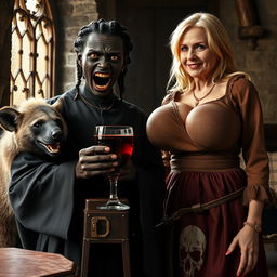 Inside a medieval noble room, next to a hyena, stands a young African woman, 19 years old, with deeply black skin, appearing drunk as she holds a goblet of wine