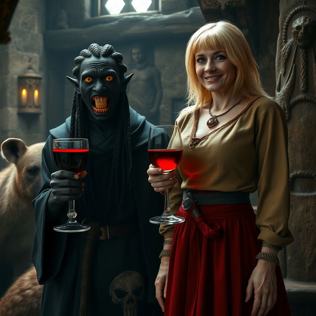 Inside a medieval noble room, next to a hyena, stands a young African woman, 19 years old, with deeply black skin, appearing drunk as she holds a goblet of wine