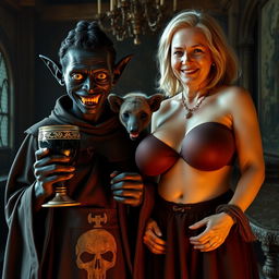 Inside a noble medieval room, a sinister-looking young black African woman stands beside a hyena