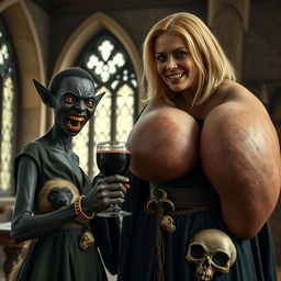 Inside a noble medieval room, a sinister young black African woman stands beside a hyena