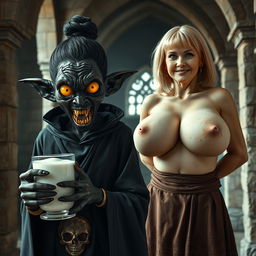 Inside a medieval temple, a sinister young black African woman stands with an unsettling presence