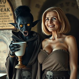 In a medieval temple, a young black African woman, aged 19, with very dark black skin and an evil demeanor, appears very thin and intoxicated, holding a medieval chalice of milk