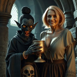 In a medieval temple, a young black African woman, 19 years old, with very dark black skin and an evil aura, appears emaciated and intoxicated while holding a medieval chalice of milk