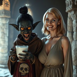 In a medieval temple, a young black African woman, 19 years old, with very dark black skin and an evil aura, appears emaciated and intoxicated while holding a medieval chalice of milk
