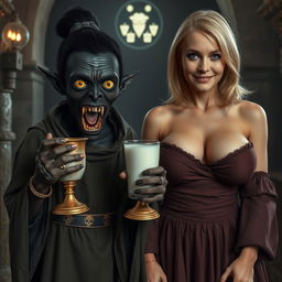 In a medieval temple, a young black African woman, 19 years old, with very dark black skin and an evil aura, appears emaciated and intoxicated while holding a medieval chalice of milk