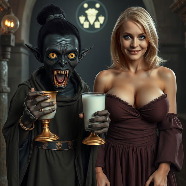 In a medieval temple, a young black African woman, 19 years old, with very dark black skin and an evil aura, appears emaciated and intoxicated while holding a medieval chalice of milk