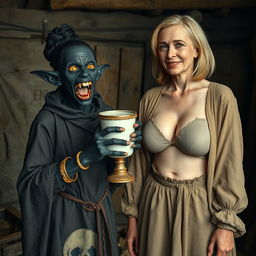 In a poor medieval shack, a young black African woman, 19 years old, with very dark skin and an evil demeanor, is depicted as emaciated and intoxicated, holding a medieval chalice of milk