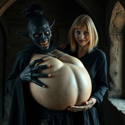 Inside a medieval room, a 19-year-old black African female character with dark black skin appears malevolent and malnourished