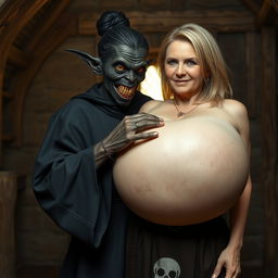 Inside a medieval room, a 19-year-old black African female character with dark black skin appears malevolent and malnourished