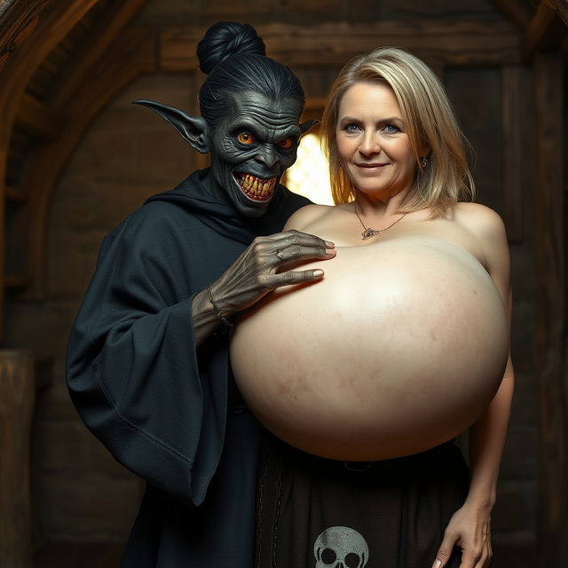 Inside a medieval room, a 19-year-old black African female character with dark black skin appears malevolent and malnourished