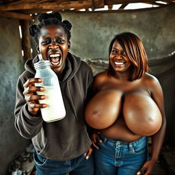 In an abandoned poor shack in Africa, a frantic 18-year-old African woman with very dark skin holds a baby bottle filled with milk, her eyes wide open in a dramatic expression