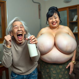 In a Chinese house, a manic 50-year-old Chinese woman with a skinny frame holds a baby bottle filled with milk, her yellowed and decayed teeth visible as she screams wildly with her mouth open