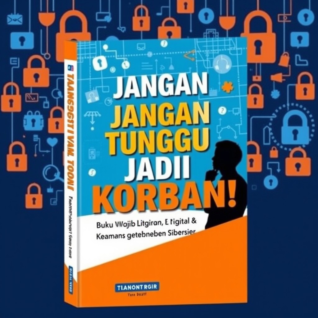 An engaging and informative book cover design for a title "Jangan Tunggu Jadi Korban! Buku Wajib Literasi Digital & Keamanan Siber" featuring a bold, eye-catching typography
