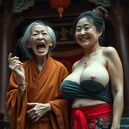 Inside a Chinese temple, a striking scene emerges featuring a very short, malnourished Chinese woman, 50 years old, with extremely thin stature and pale skin