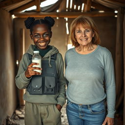 Inside a rundown, impoverished shack, a young malevolent African woman, 19 years old, stands with a wicked grin