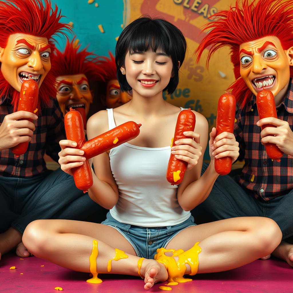 A hot Korean girl with short hair, 18 years old, sitting criss cross and smiling with her eyes closed, surrounded by quirky, exaggerated characters with redneck aesthetics and offbeat red-haired, scary expressions