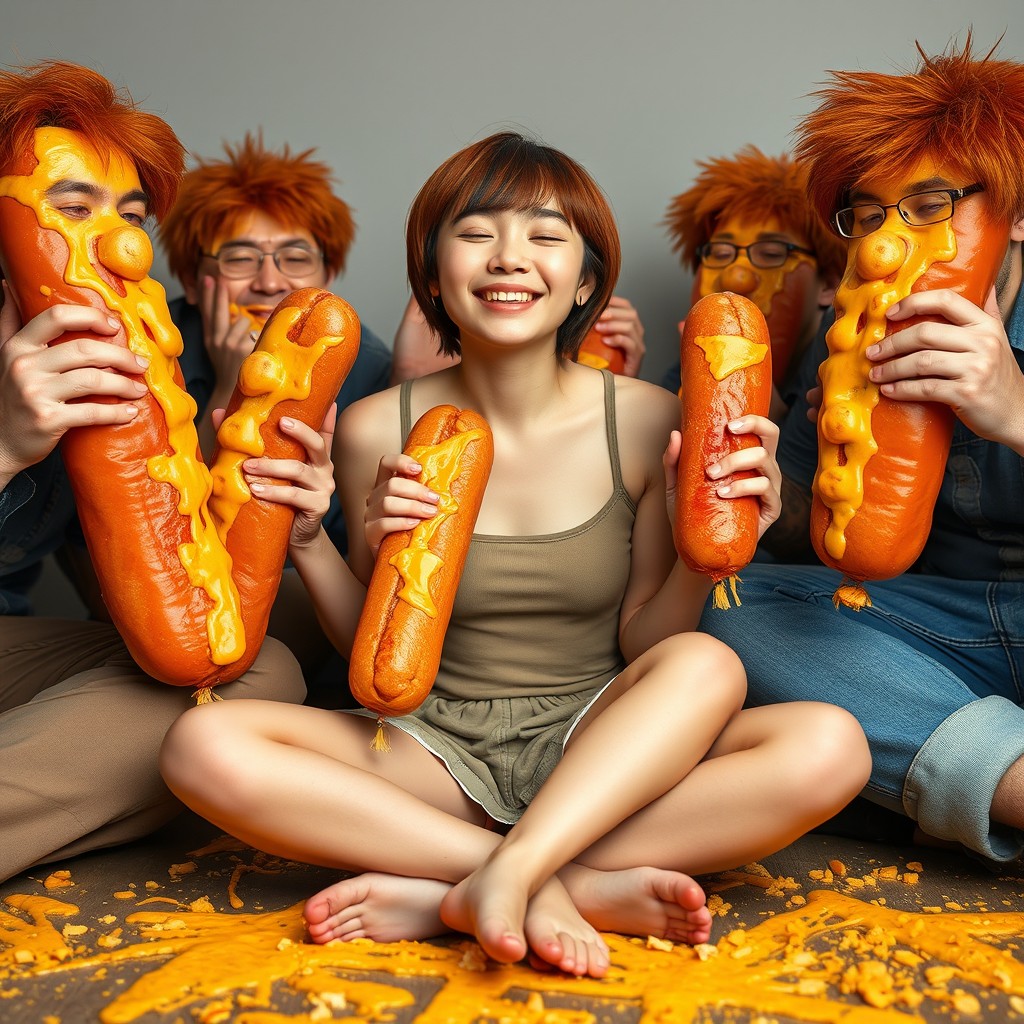 A hot Korean girl with short hair, 18 years old, sitting criss-cross on the ground, smiling with her eyes closed