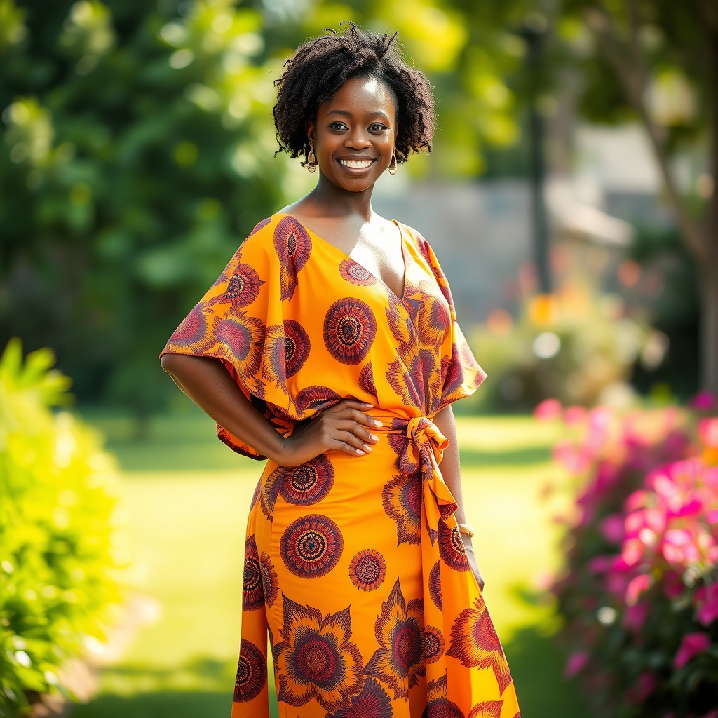 A stunning portrait of an empowered Black woman standing tall with confidence, dressed in a vibrant, flowing outfit adorned with traditional African patterns, set against a lush green garden backdrop